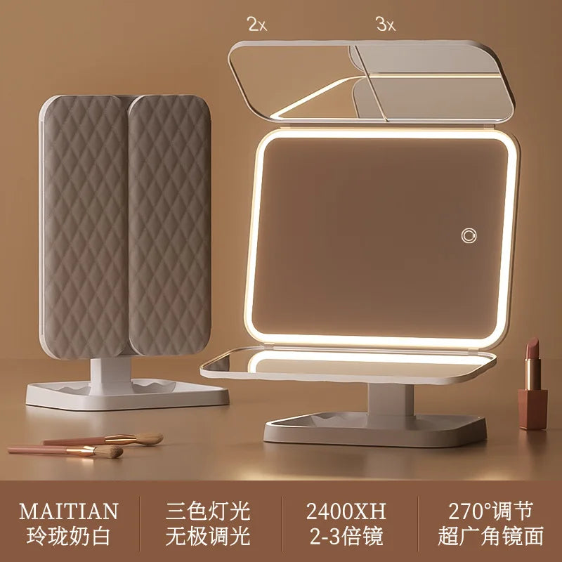 Miroir de maquillage LED portable pliable avec lumière rechargeable, miroir de maquillage de bureau, lumière de remplissage, coque en cuir