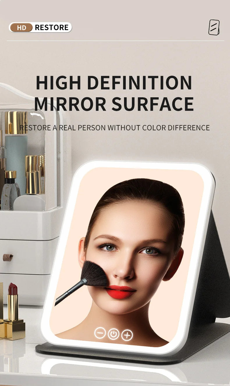 Miroir de maquillage LED portable pliable avec lumière rechargeable, miroir de maquillage de bureau, lumière de remplissage, coque en cuir