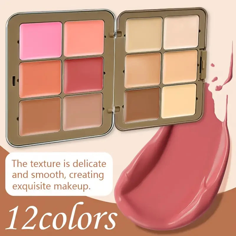 Palette de maquillage multifonctionnelle, fard à joues correcteur 12 couleurs, palette de maquillage combinée de fond de teint nourrissant et longue durée