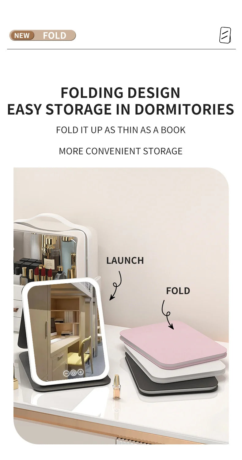 Miroir de maquillage LED portable pliable avec lumière rechargeable, miroir de maquillage de bureau, lumière de remplissage, coque en cuir