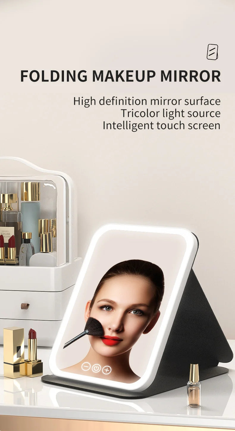 Miroir de maquillage LED portable pliable avec lumière rechargeable, miroir de maquillage de bureau, lumière de remplissage, coque en cuir