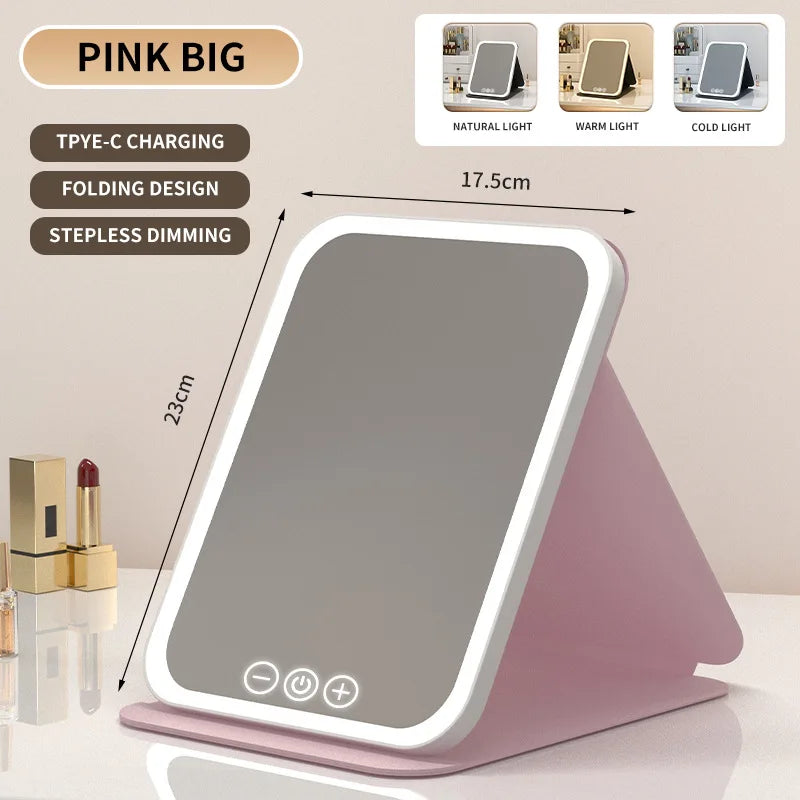 Miroir de maquillage LED portable pliable avec lumière rechargeable, miroir de maquillage de bureau, lumière de remplissage, coque en cuir