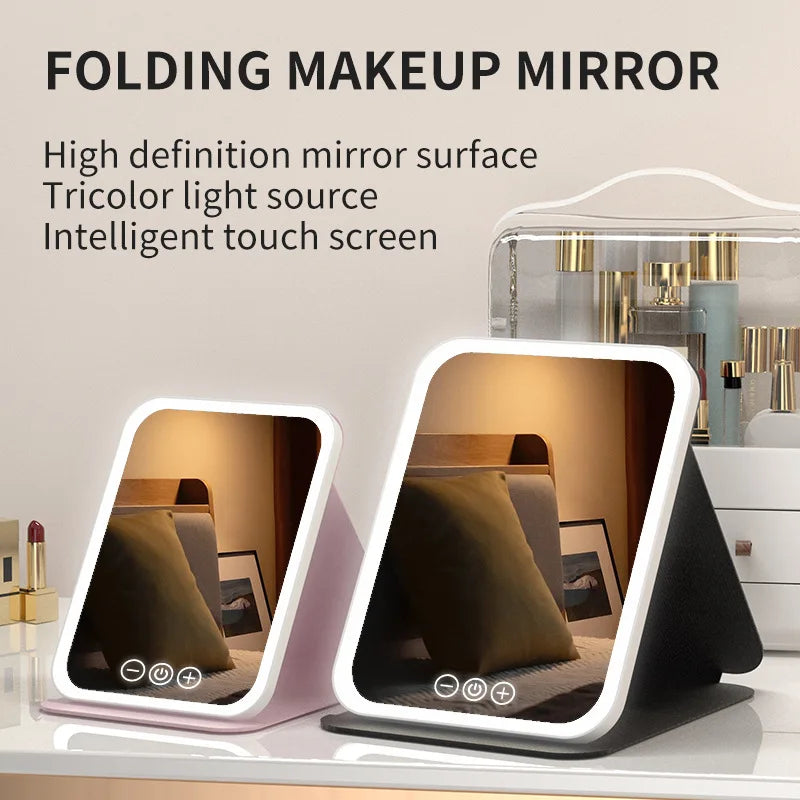 Miroir de maquillage LED portable pliable avec lumière rechargeable, miroir de maquillage de bureau, lumière de remplissage, coque en cuir