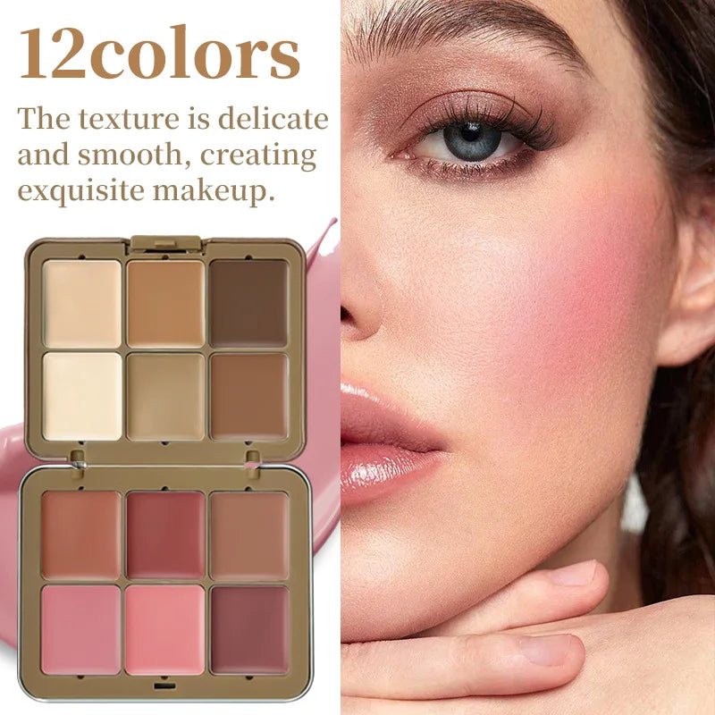 Palette de maquillage multifonctionnelle, fard à joues correcteur 12 couleurs, palette de maquillage combinée de fond de teint nourrissant et longue durée