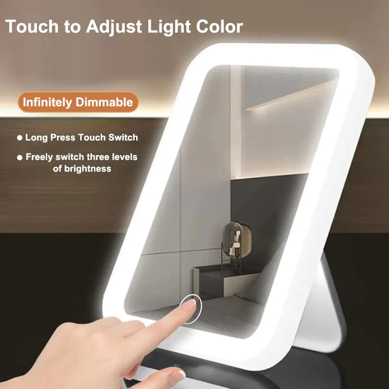 Miroir de courtoisie LED portable avec écran tactile, 3 couleurs, aste par USB, gradation, maquillage, 3 luminosités