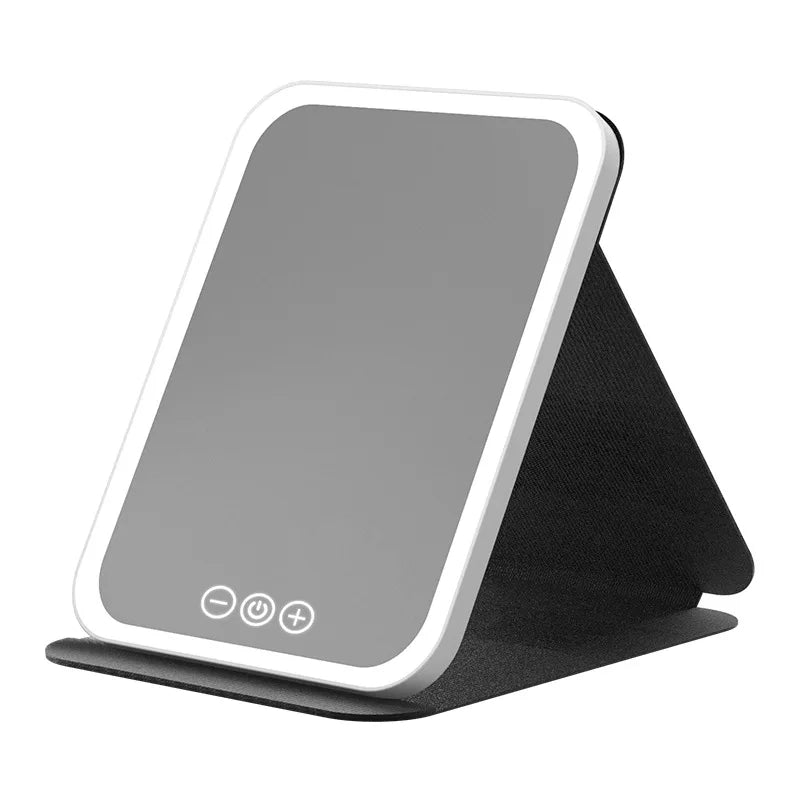 Miroir de maquillage LED portable pliable avec lumière rechargeable, miroir de maquillage de bureau, lumière de remplissage, coque en cuir